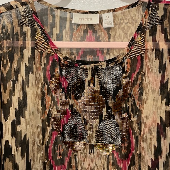 Chico's Sheer Beaded Multicolor Ikat Sheer Flowy Blouse Size 3 - US XL - Picture 2 of 7